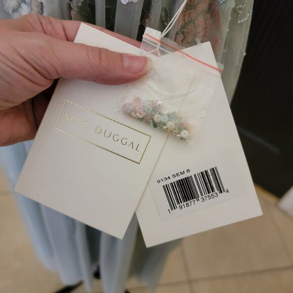 Mac Duggal 6 Seafoam Green 9134 Floral Midi Short Sleeve Sequin Beaded Dress New - Picture 3 of 14